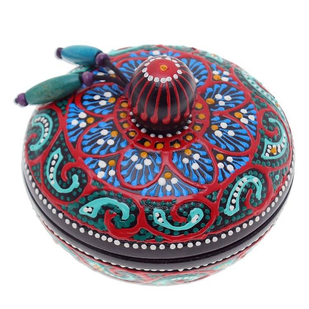 Traditional Thai Mango Wood Decorative Box in Red and Green 'Floral Marvel in Green'