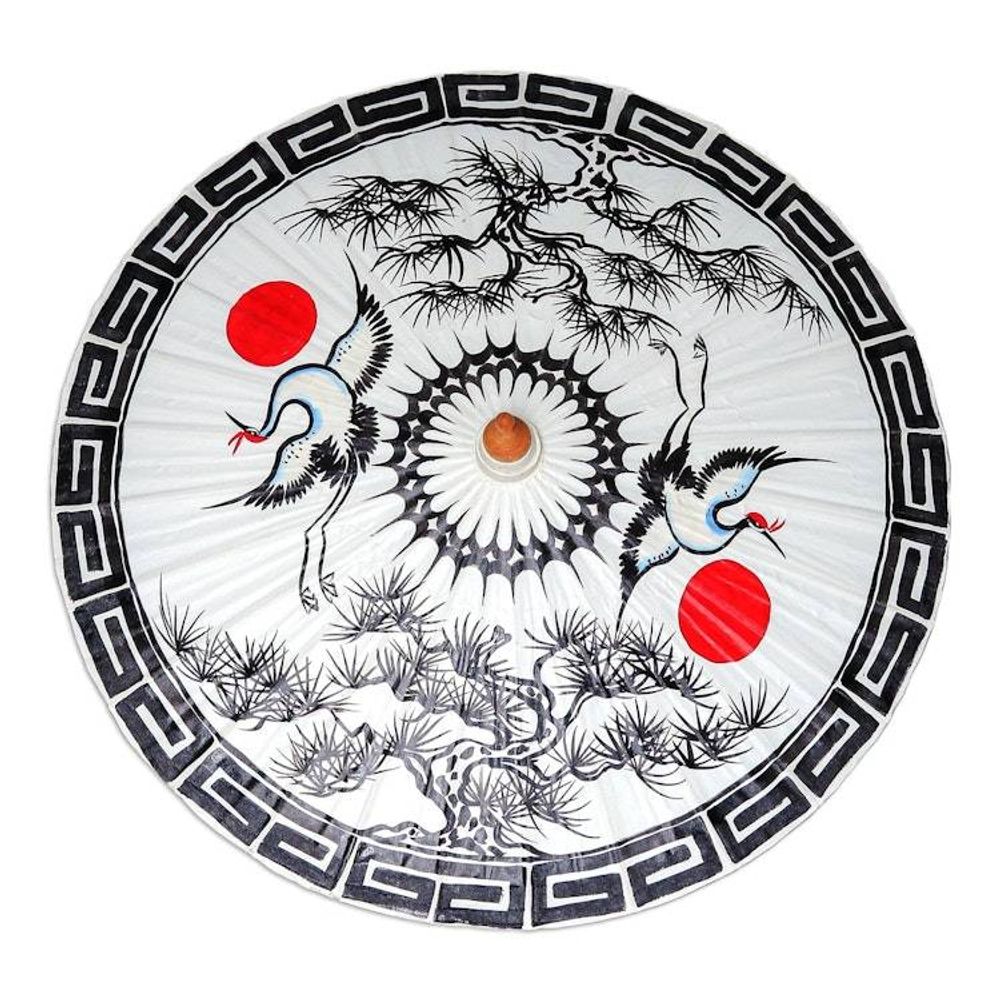 Hand-Painted Cotton Crane-Motif Parasol 'Joyful Cranes'