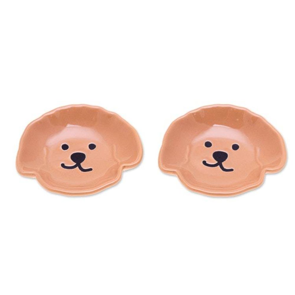 Poodle Puppy-Themed Glazed Ceramic Catchall Pair in Brown 'Poodle Tenderness'