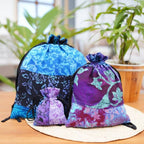 Balinese-Made Set of 3 Batik Patchwork Rayon Gift Pouches 'Nocturnal Fest'