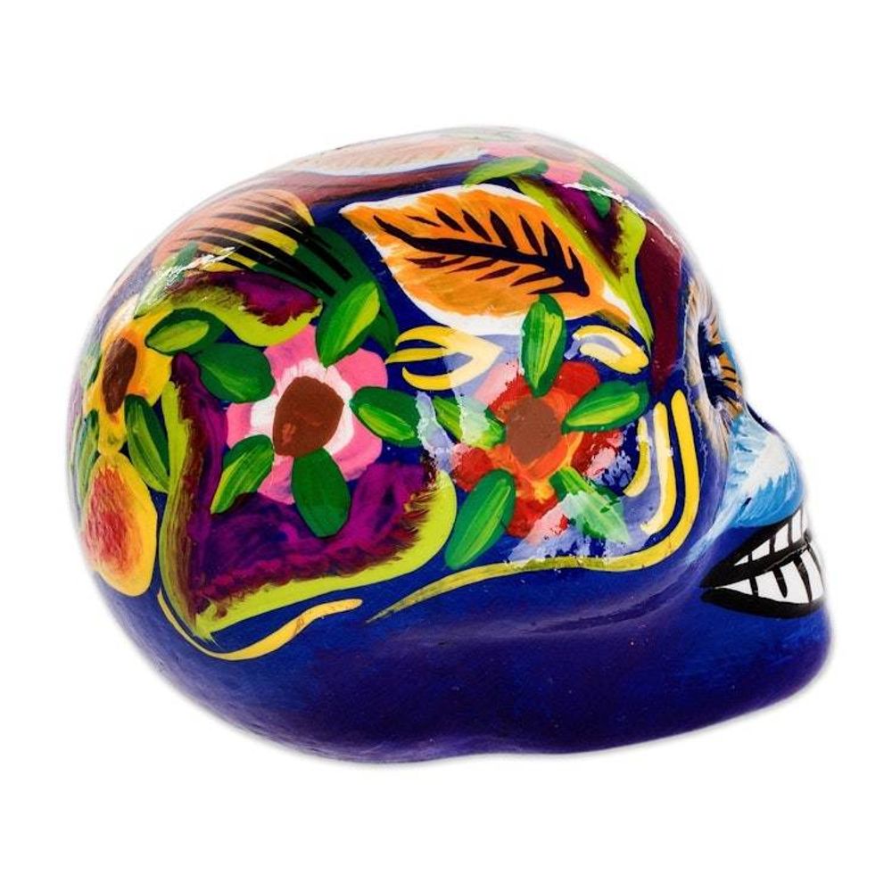 Blue Handcrafted Ceramic Figurine 'Skull with Macaws in Blue'