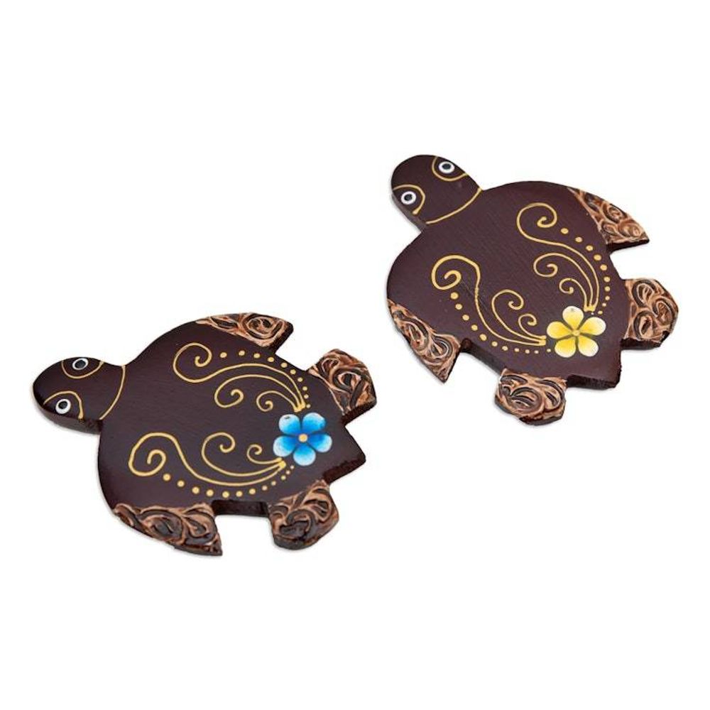 Set of 2 Hand-Painted Floral Turtle-Shaped Wood Magnets 'Paradisial Turtles'