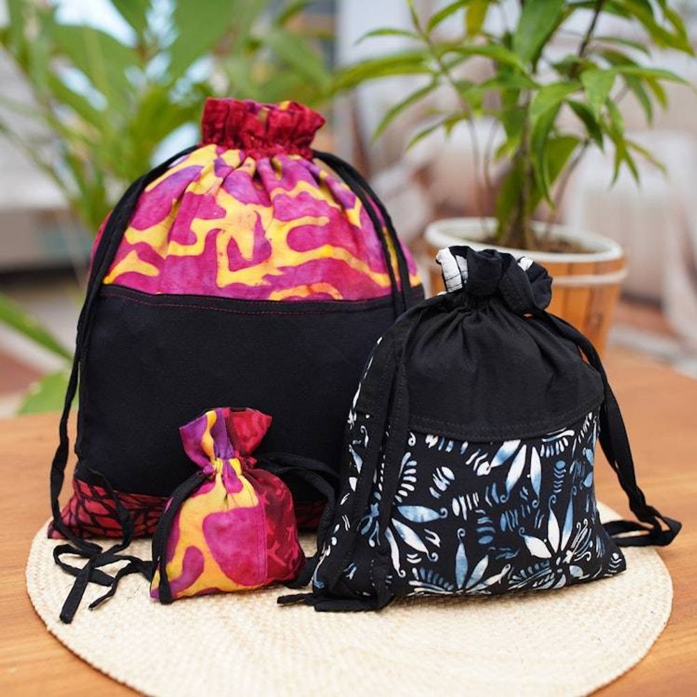 Upcycled Set of 3 Red and Pink Batik Patchwork Gift Pouches 'Flaming Joy'