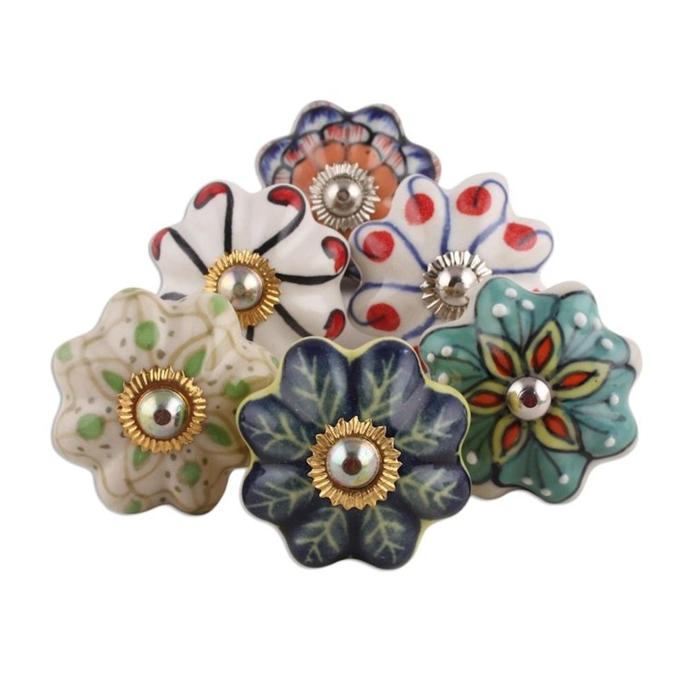Floral Ceramic Knobs Crafted in India Set of 6 'Floral Homestead'