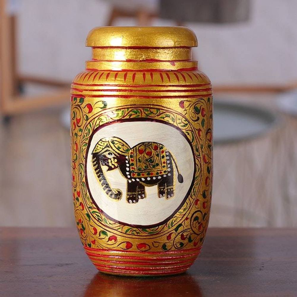 Classic Elephant-Themed Golden Kadam Wood Pen Holder 'Glory of the Jungle'