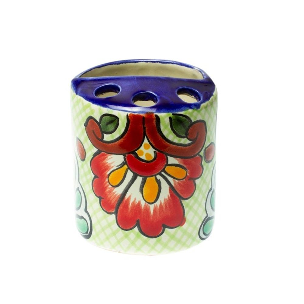 Green Dominant Talavera Style Toothbrush Holder from Mexico 'Hidalgo Bouquet'