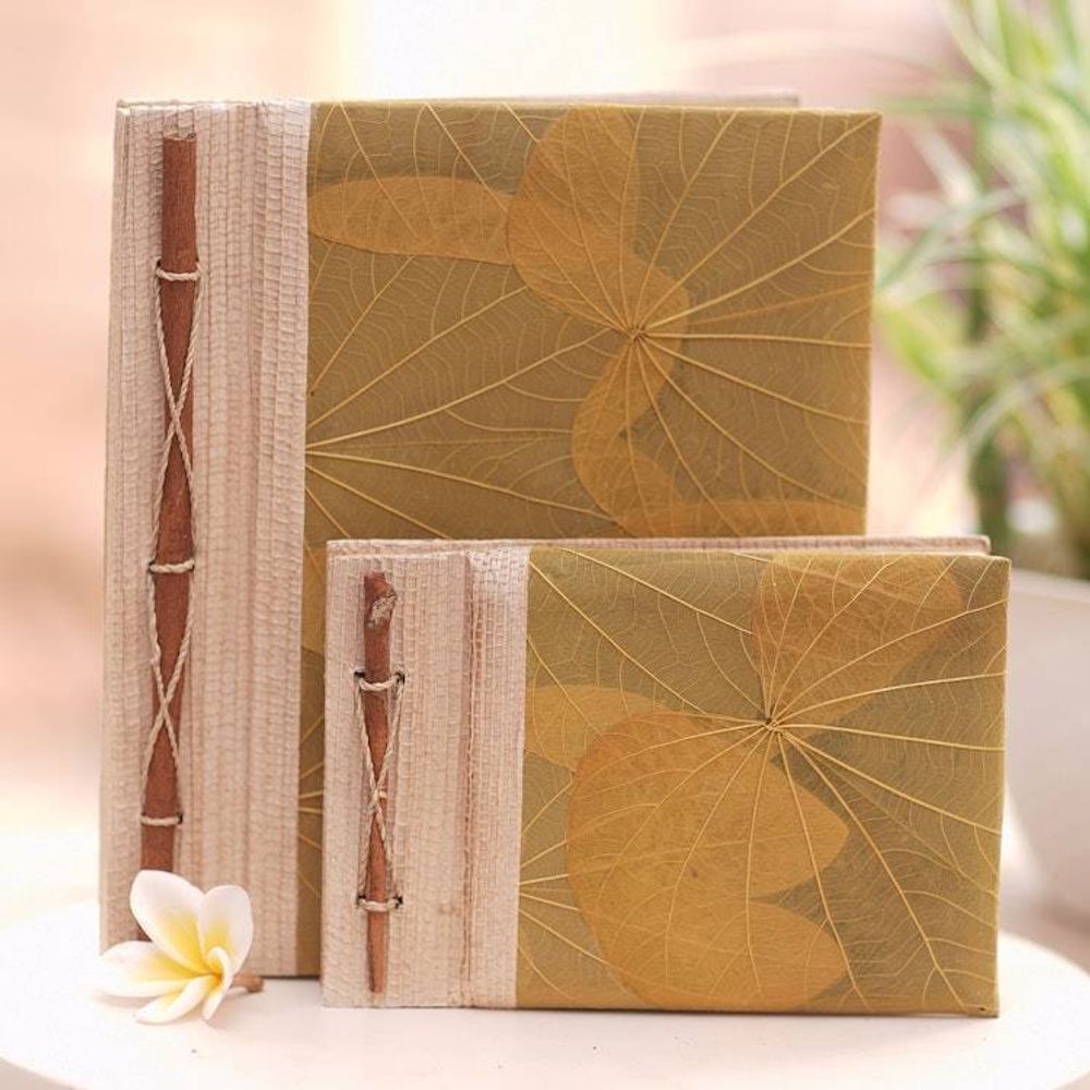 Handcrafted Pair of Rice Paper Notebooks from Indonesia 'Autumn Spirit in Olive'