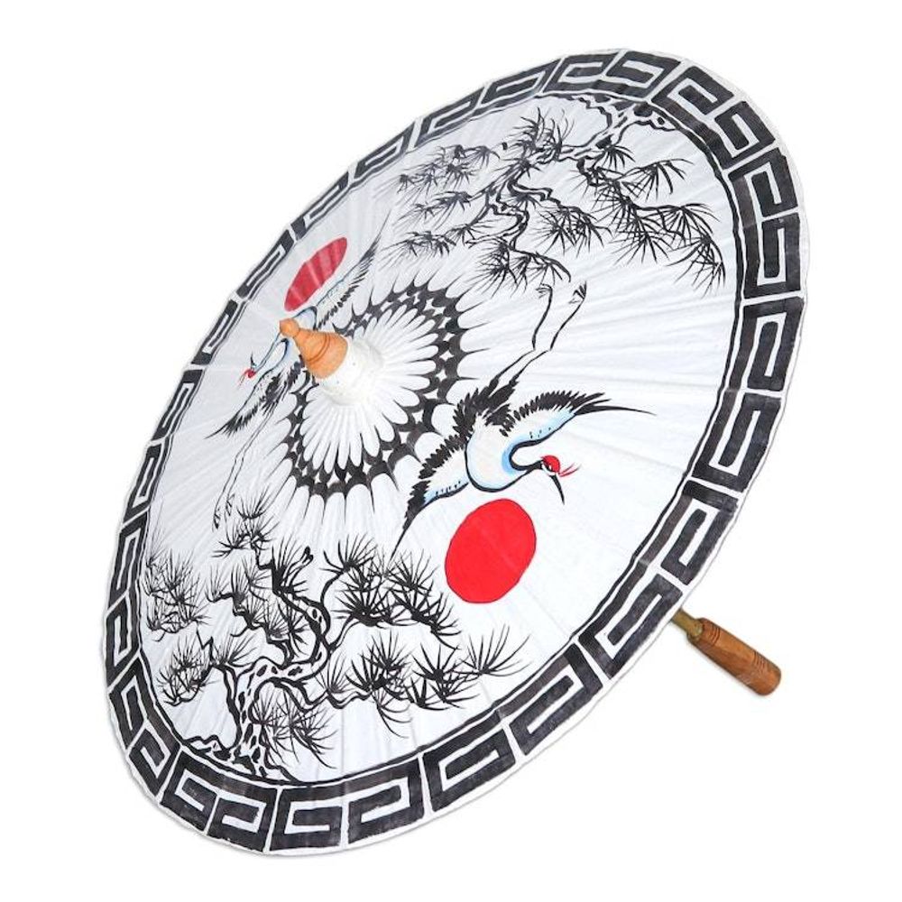 Hand-Painted Cotton Crane-Motif Parasol 'Joyful Cranes'