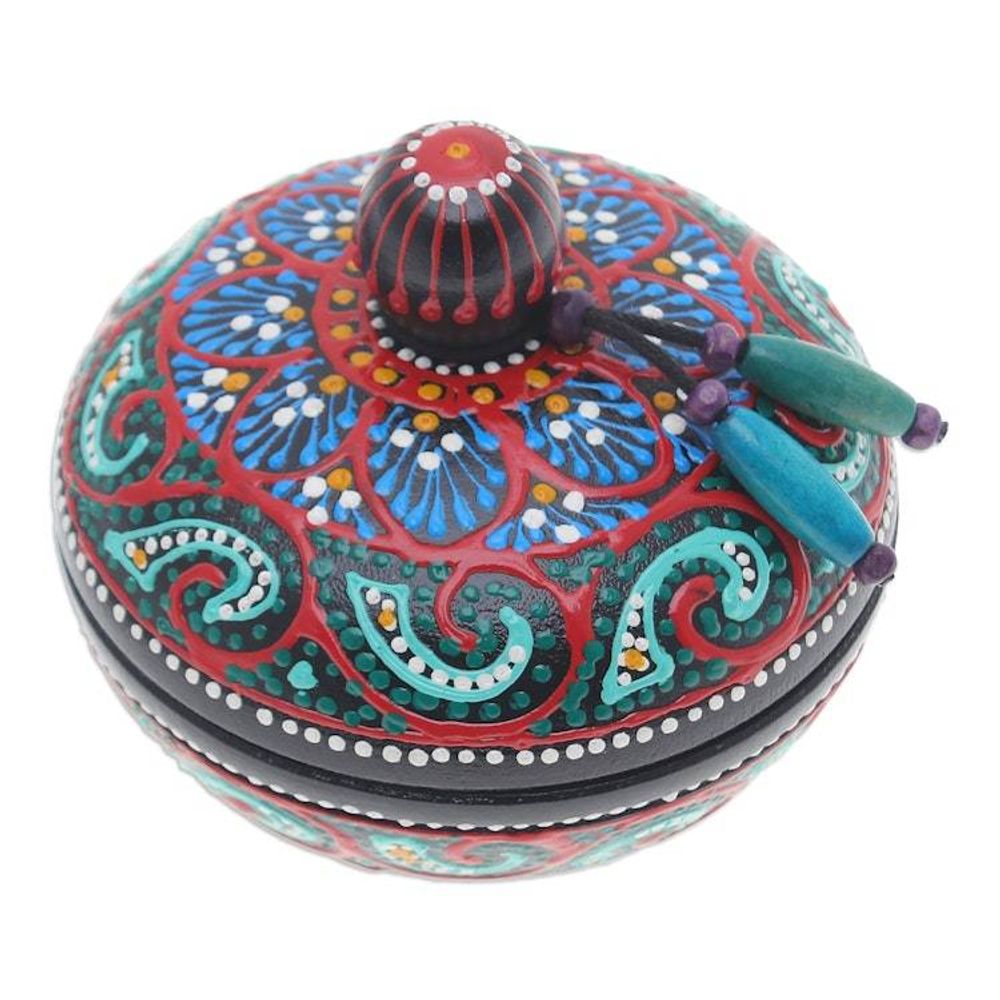 Traditional Thai Mango Wood Decorative Box in Red and Green 'Floral Marvel in Green'