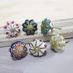 Floral Ceramic Knobs Crafted in India Set of 6 'Floral Homestead'