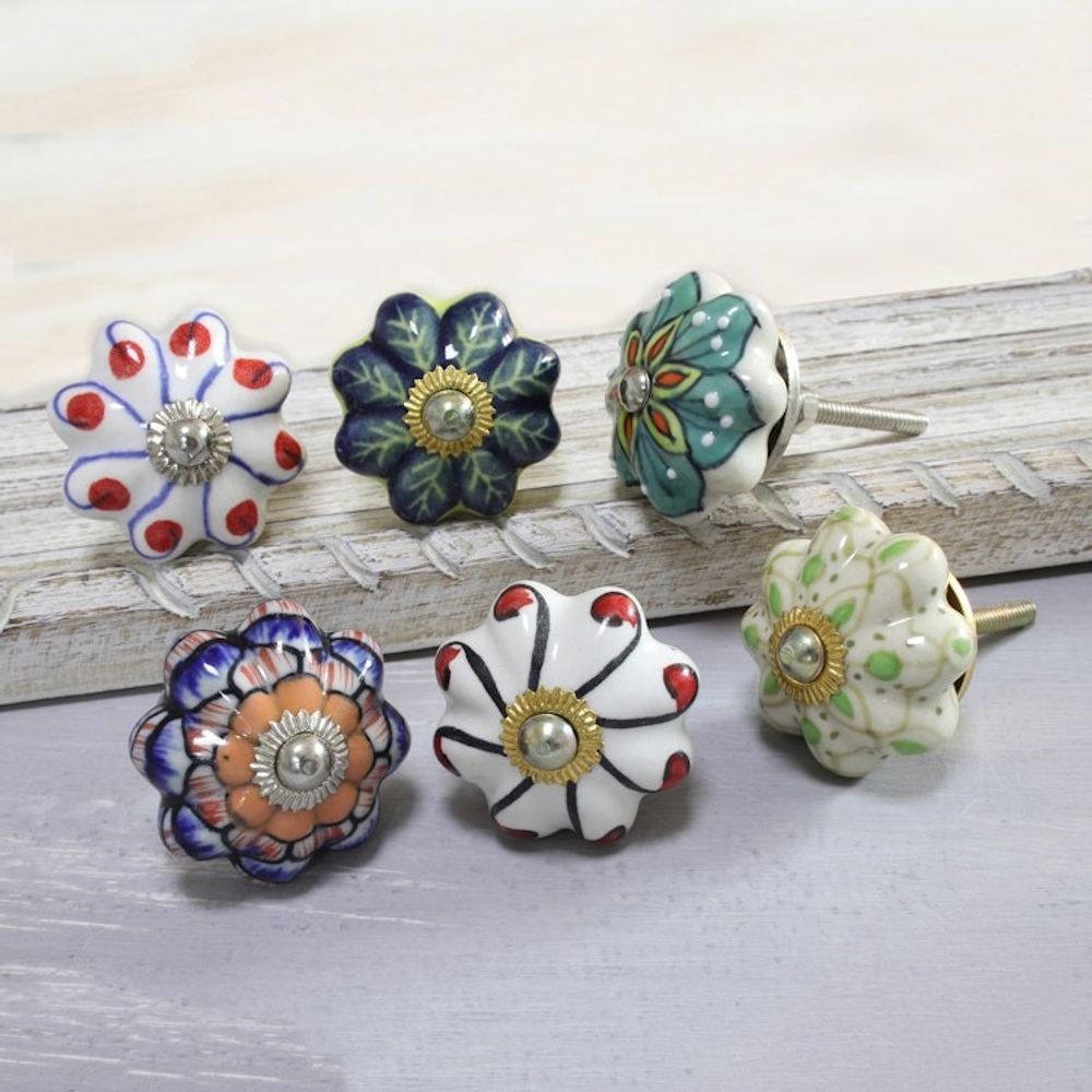 Floral Ceramic Knobs Crafted in India Set of 6 'Floral Homestead'