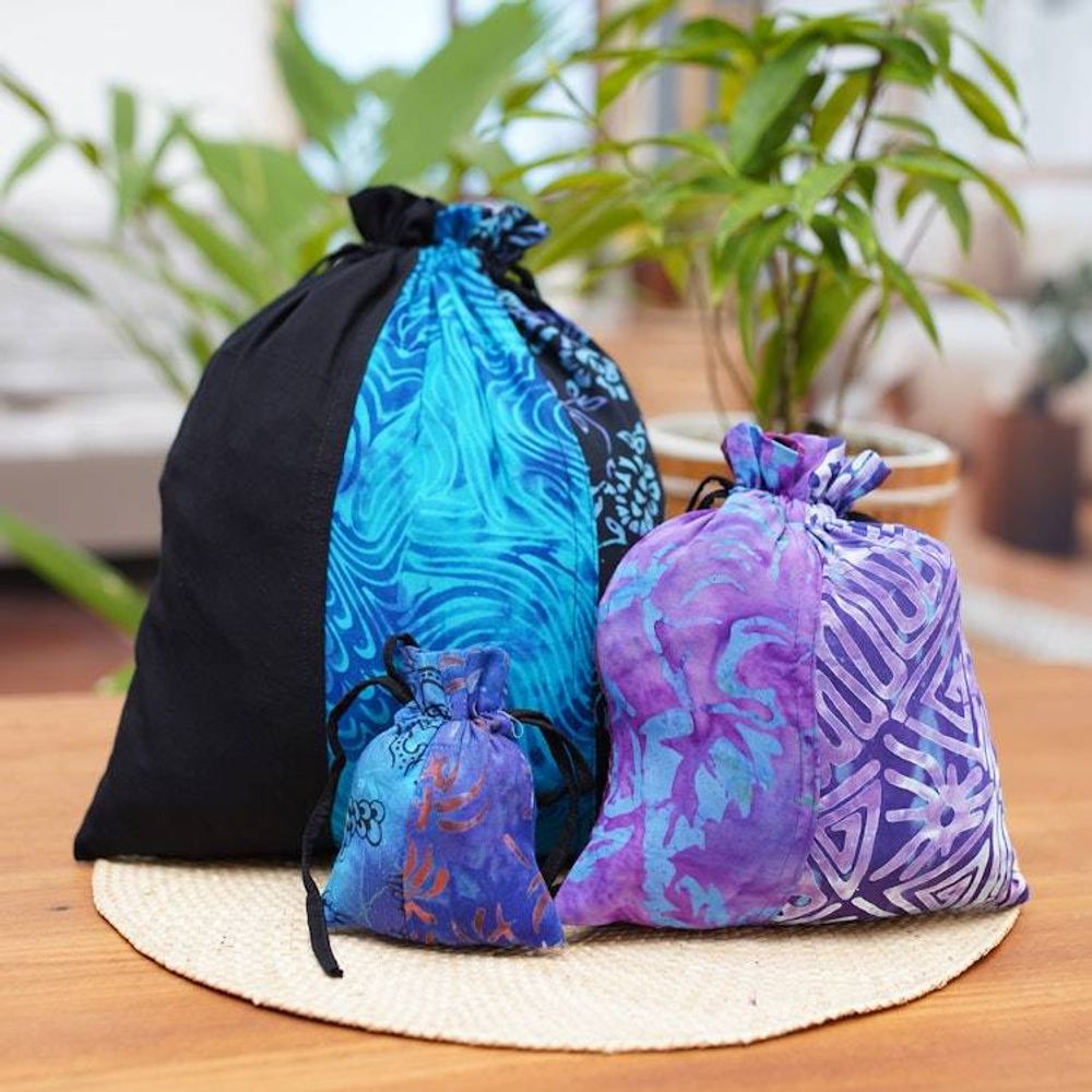 Balinese-Made Set of 3 Batik Patchwork Rayon Gift Pouches 'Nocturnal Fest'