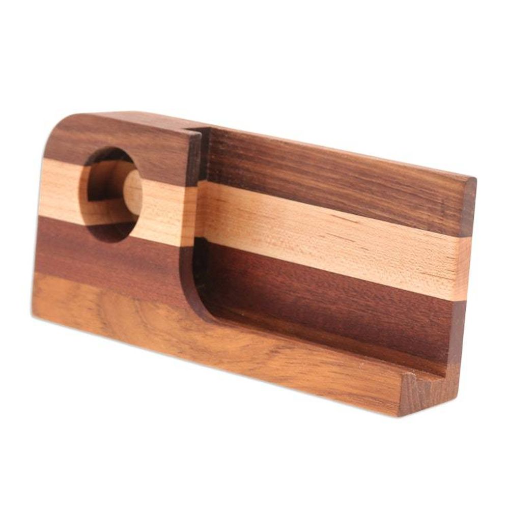 Handcrafted Wood Smartphone Speaker with Brown Stripes 'Wooden Sounds'