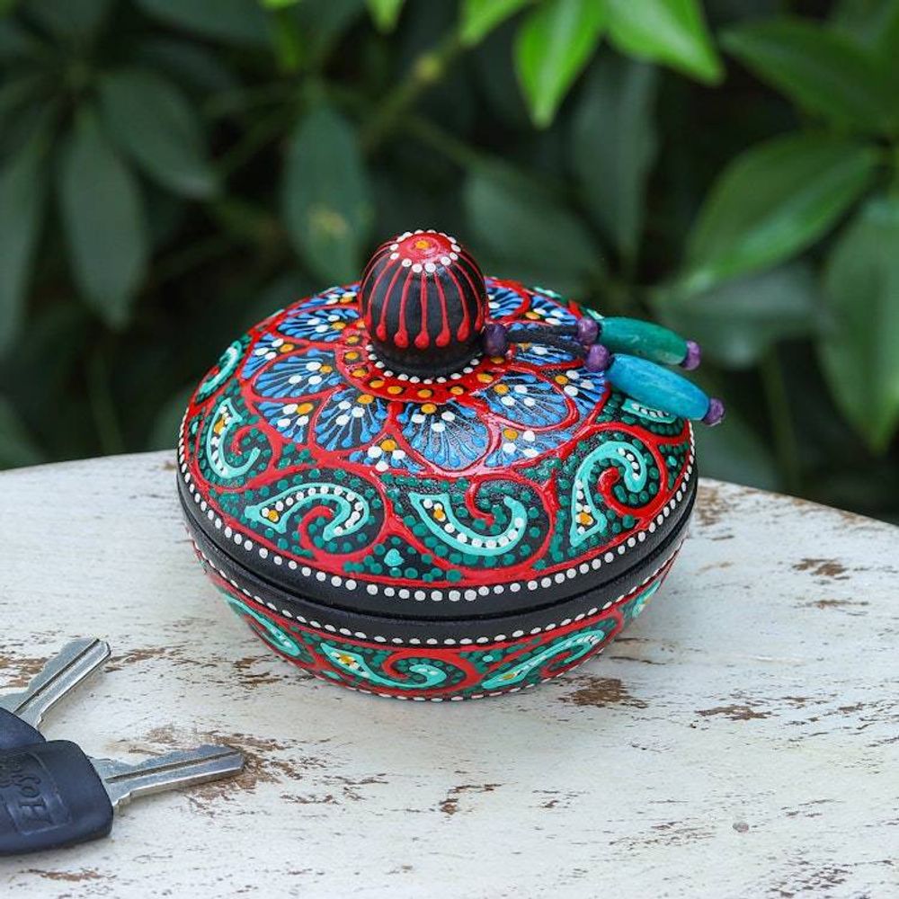 Traditional Thai Mango Wood Decorative Box in Red and Green 'Floral Marvel in Green'