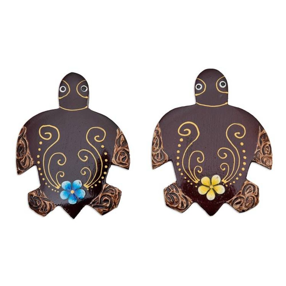 Set of 2 Hand-Painted Floral Turtle-Shaped Wood Magnets 'Paradisial Turtles'