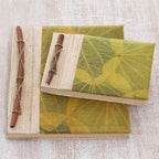 Handcrafted Pair of Rice Paper Notebooks from Indonesia 'Autumn Spirit in Olive'