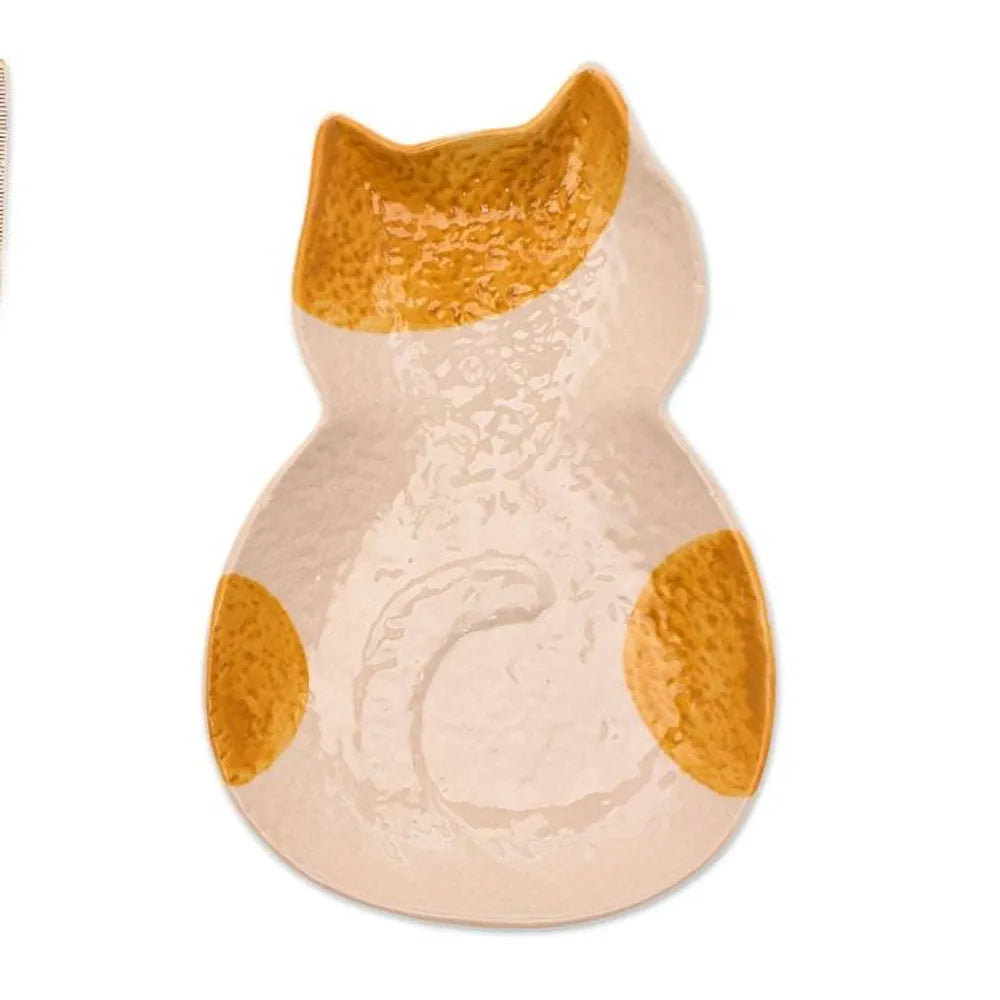 Abstract Cat-Themed Textured Glazed Ceramic Catchall 'Classy Cat'