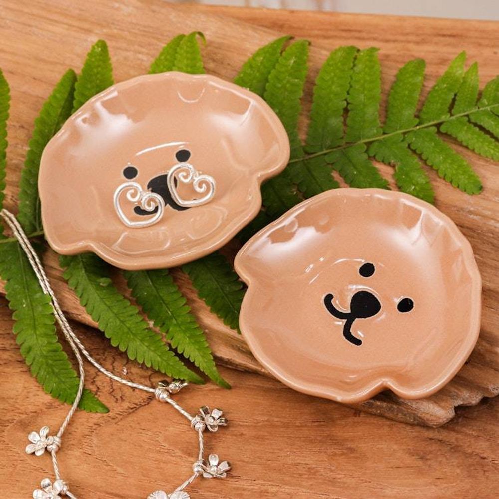 Poodle Puppy-Themed Glazed Ceramic Catchall Pair in Brown 'Poodle Tenderness'