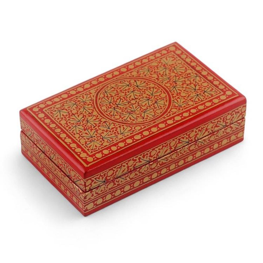 Hand-Painted Red Gold Papier Mache Wood Leaf Decorative Box 'Gilded Vine'
