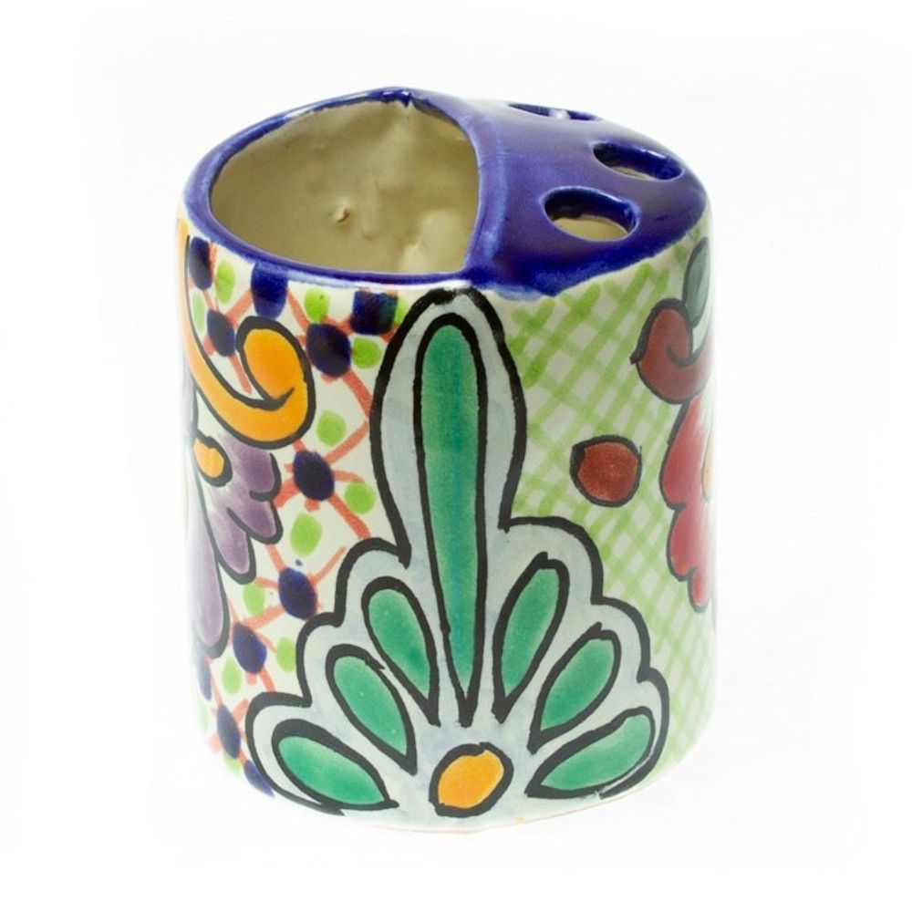 Green Dominant Talavera Style Toothbrush Holder from Mexico 'Hidalgo Bouquet'