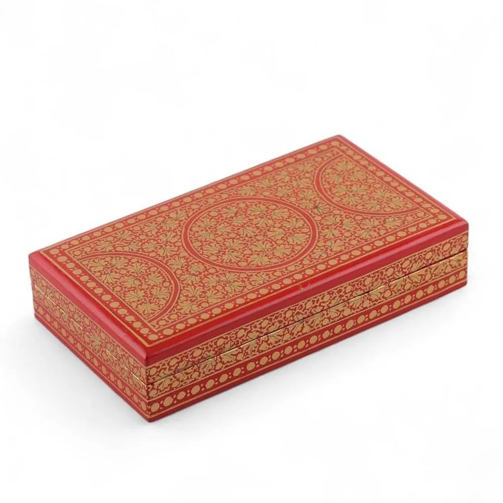 Red Gold Rectangular Papier Mache Wood Leaf Decorative Box 'Golden Vine'