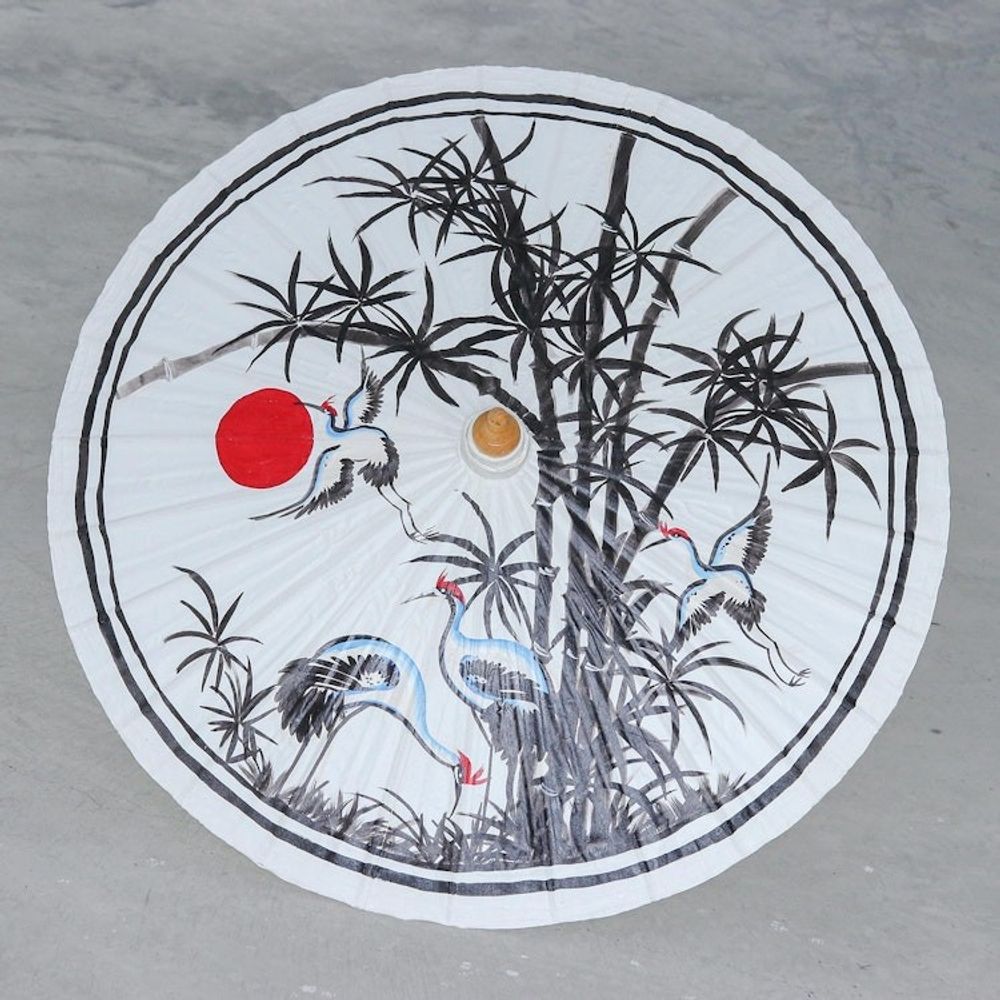 Hand-Painted Cotton and Bamboo Parasol 'Peaceful Cranes'