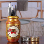 Classic Elephant-Themed Golden Kadam Wood Pen Holder 'Glory of the Jungle'