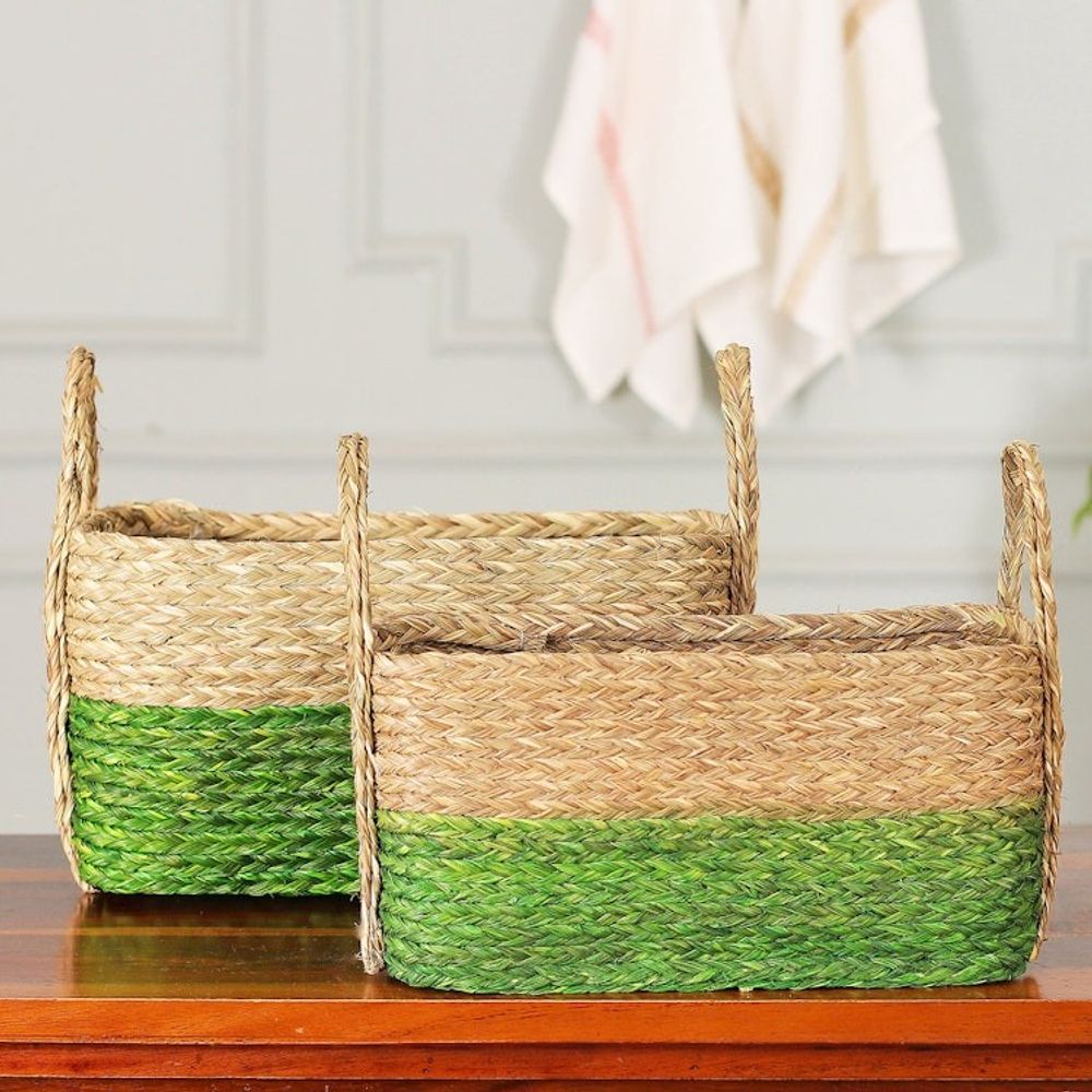 Handwoven Set of 2 Green and Beige Sabai Grass Fiber Baskets 'Green Call'
