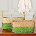 Handwoven Set of 2 Green and Beige Sabai Grass Fiber Baskets 'Green Call'