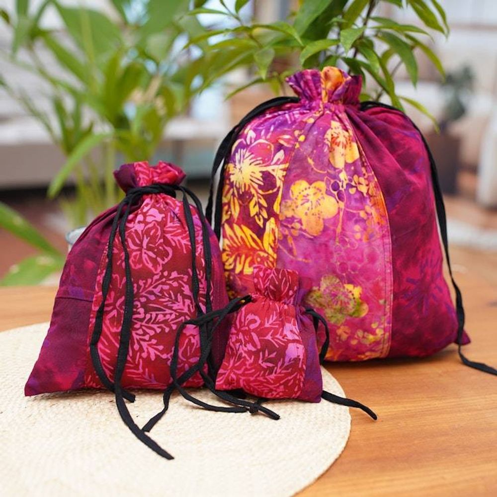 Upcycled Set of 3 Red and Pink Batik Patchwork Gift Pouches 'Flaming Joy'