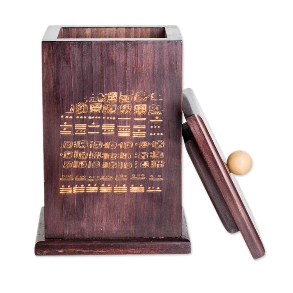 Pinewood Decorative Box with Pyrography Mayan Motif 'Dresden Codex'