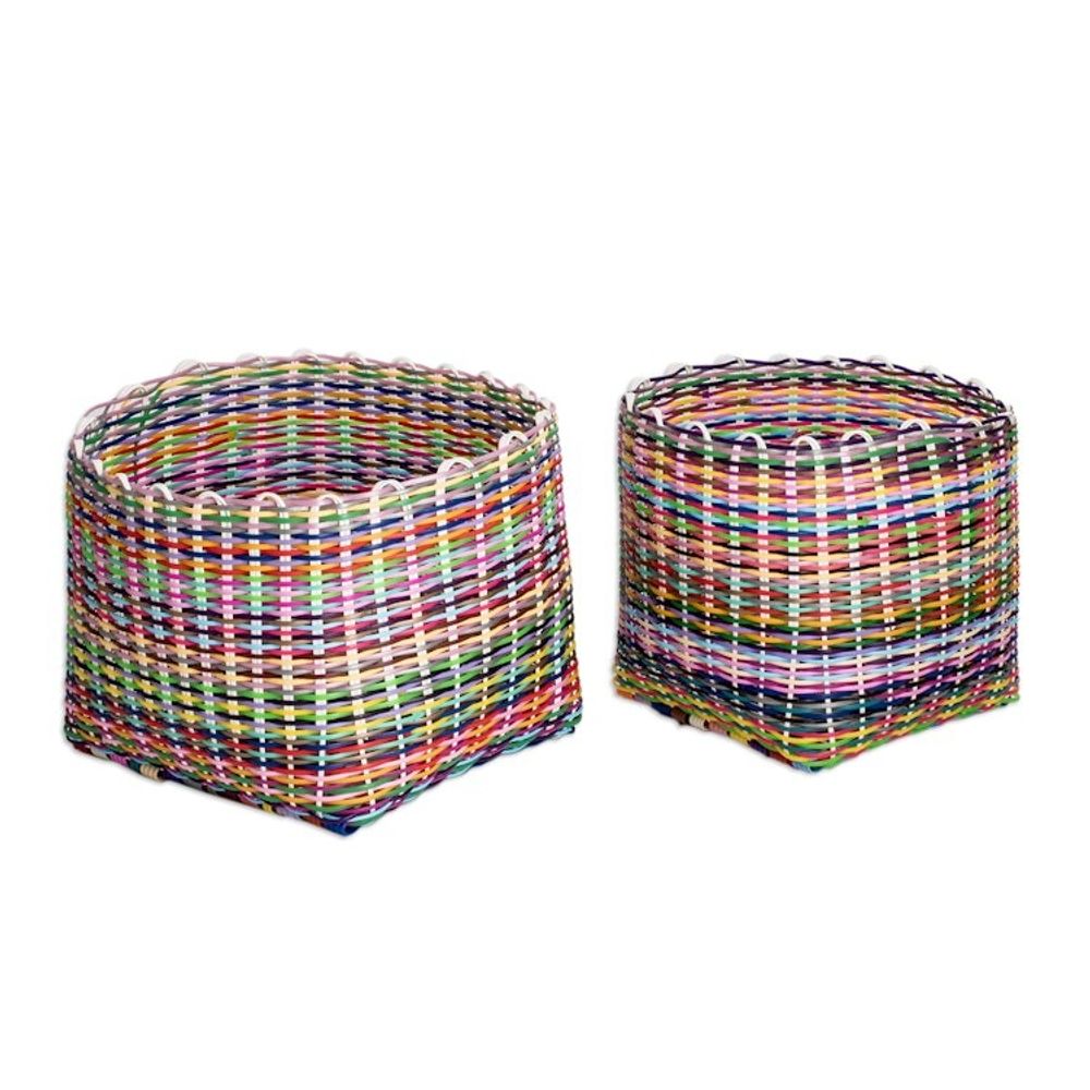 Set of 2 Handcrafted Colorful Recycled Plastic Baskets 'Eco-Joy'