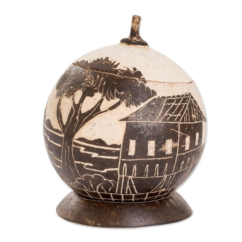 Handmade Round Dried Gourd Caribbean Town Decorative Accent 'Caribbean Landscape'