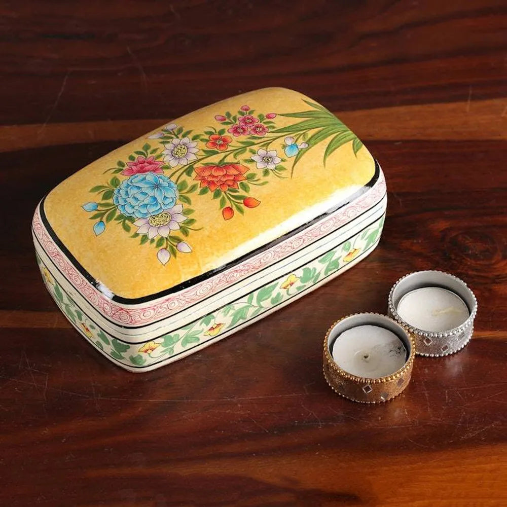 Summer-Themed Hand-Painted Yellow Papier Mache Jewelry Box 'Whispers of Summer'