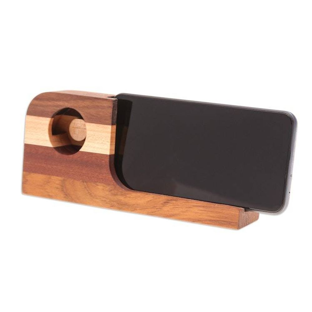 Handcrafted Wood Smartphone Speaker with Brown Stripes 'Wooden Sounds'