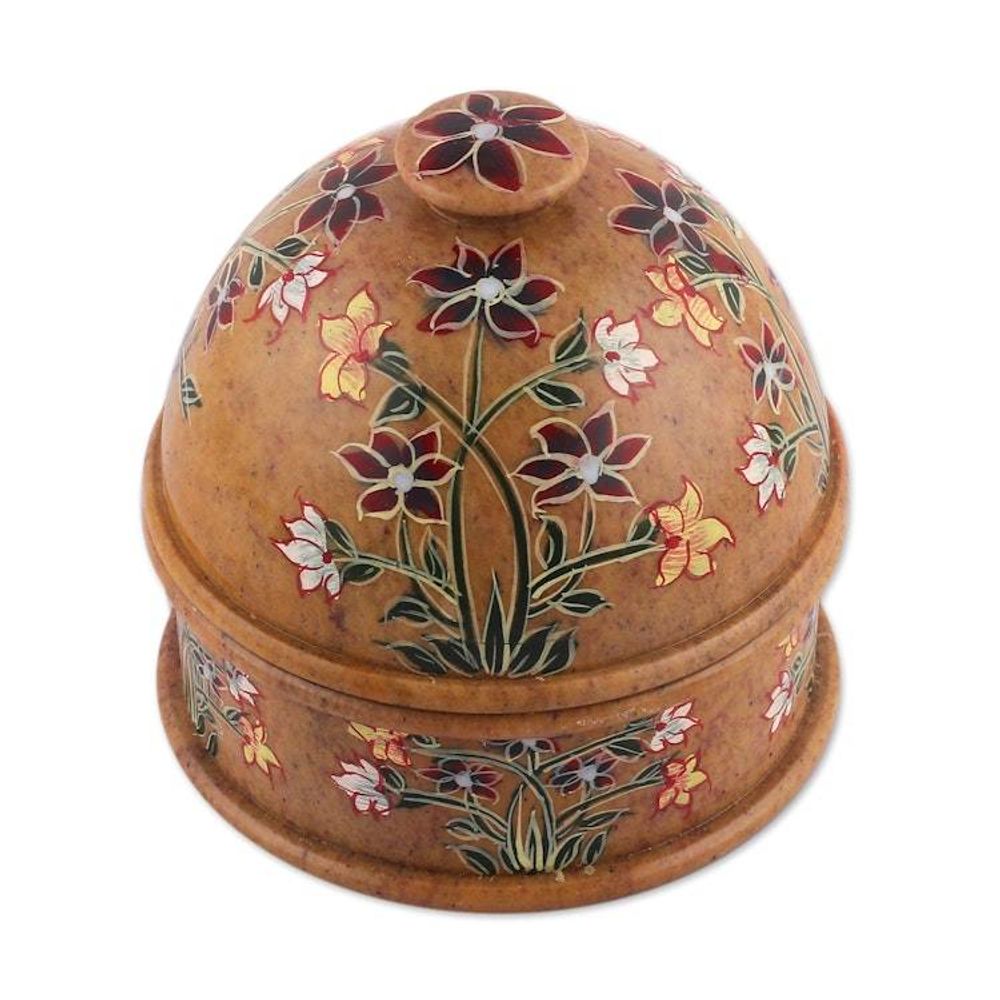 Hand-Painted Floral and Leaf-Themed Soapstone Decorative Jar 'Floral Kisses'