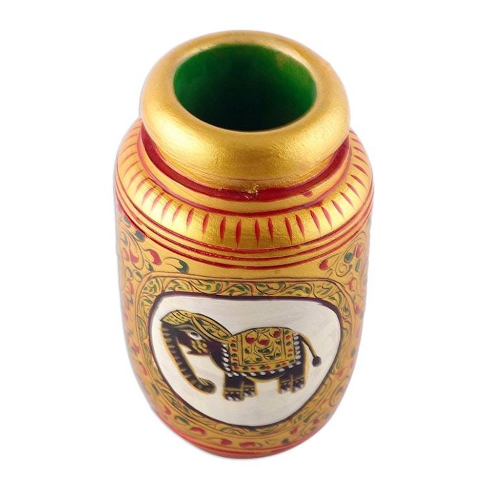 Classic Elephant-Themed Golden Kadam Wood Pen Holder 'Glory of the Jungle'