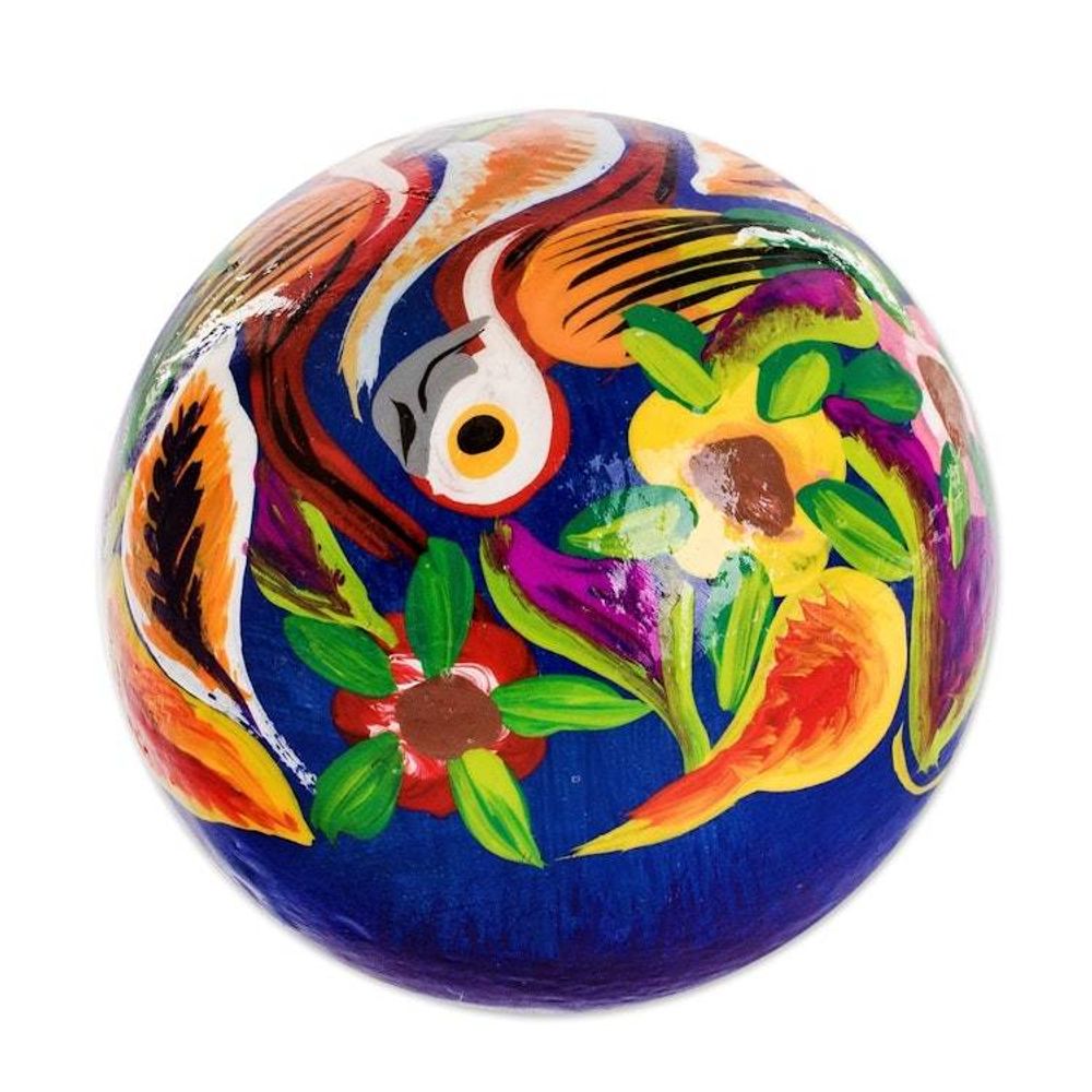 Blue Handcrafted Ceramic Figurine 'Skull with Macaws in Blue'