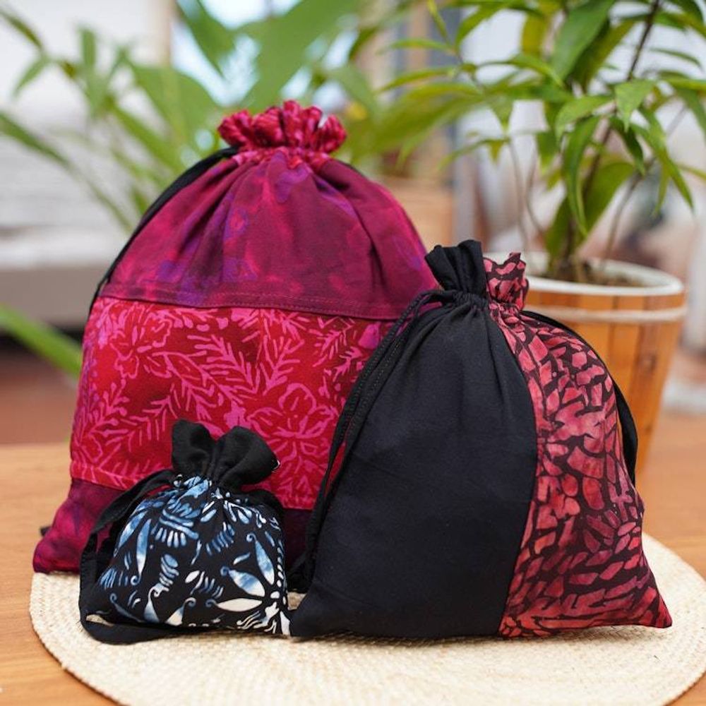 Upcycled Set of 3 Red and Pink Batik Patchwork Gift Pouches 'Flaming Joy'