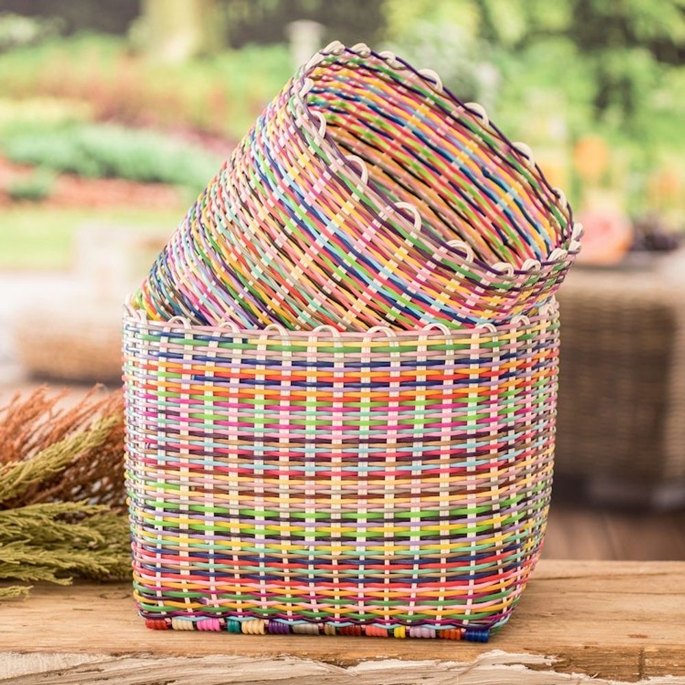 Set of 2 Handcrafted Colorful Recycled Plastic Baskets 'Eco-Joy'