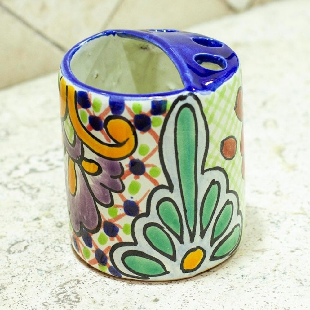 Green Dominant Talavera Style Toothbrush Holder from Mexico 'Hidalgo Bouquet'