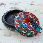 Traditional Thai Mango Wood Decorative Box in Red and Green 'Floral Marvel in Green'