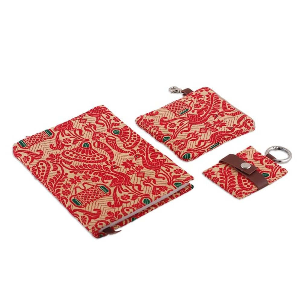 Leather-Accented Cotton Jacquard Journal Pouch Keychain Set 'Assam Beauty'