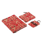Leather-Accented Cotton Jacquard Journal Pouch Keychain Set 'Assam Beauty'