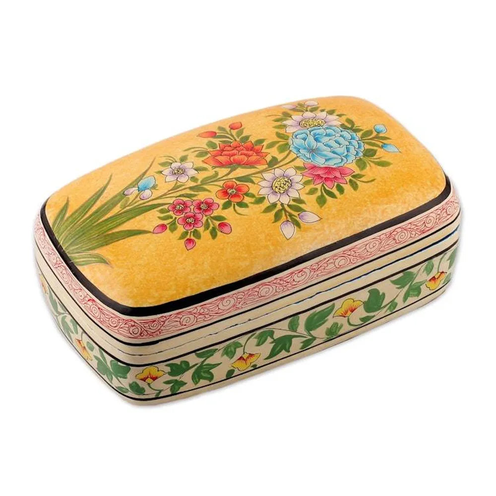 Summer-Themed Hand-Painted Yellow Papier Mache Jewelry Box 'Whispers of Summer'