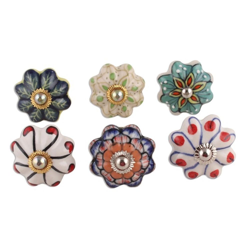 Floral Ceramic Knobs Crafted in India Set of 6 'Floral Homestead'