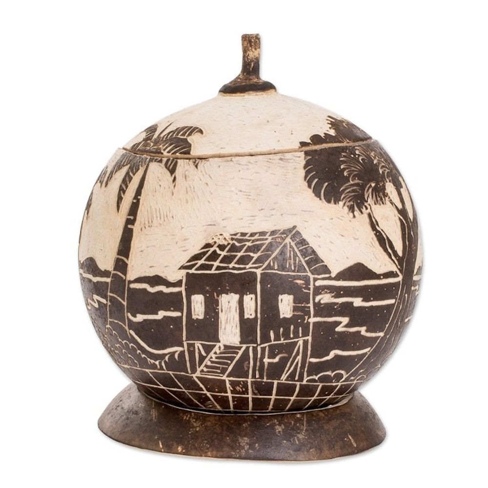 Handmade Round Dried Gourd Caribbean Town Decorative Accent 'Caribbean Landscape'