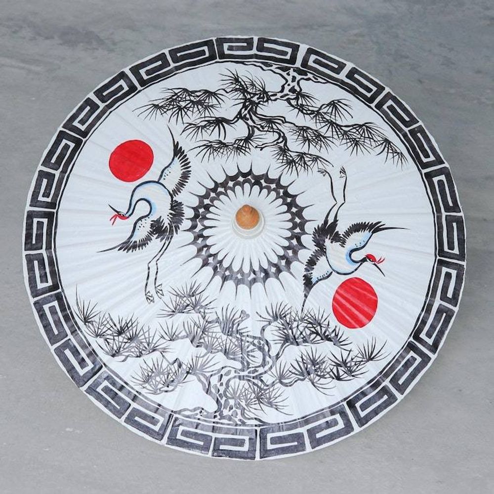 Hand-Painted Cotton Crane-Motif Parasol 'Joyful Cranes'
