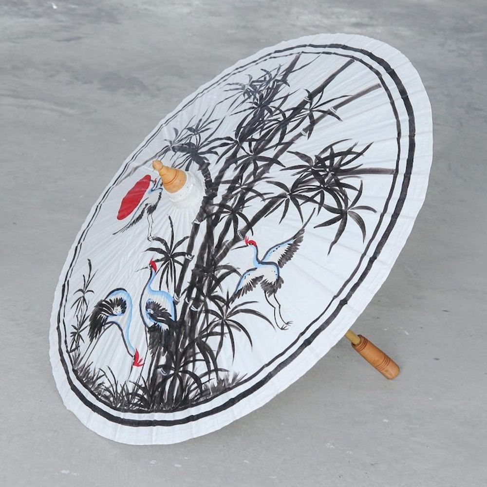 Hand-Painted Cotton and Bamboo Parasol 'Peaceful Cranes'
