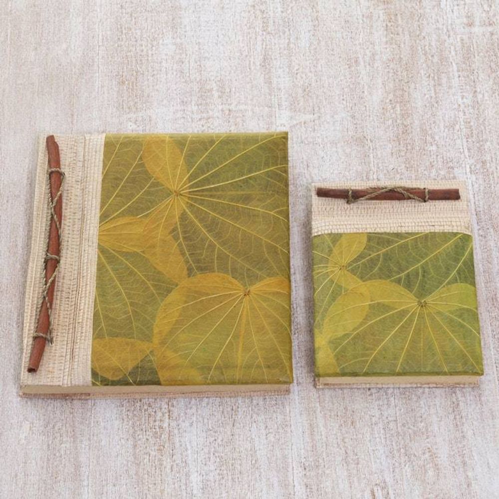 Handcrafted Pair of Rice Paper Notebooks from Indonesia 'Autumn Spirit in Olive'